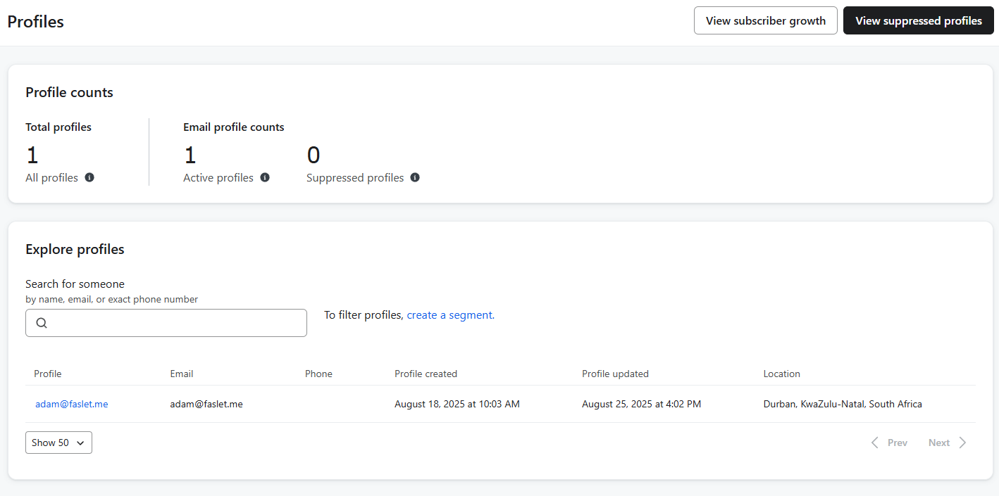 Klaviyo profiles page